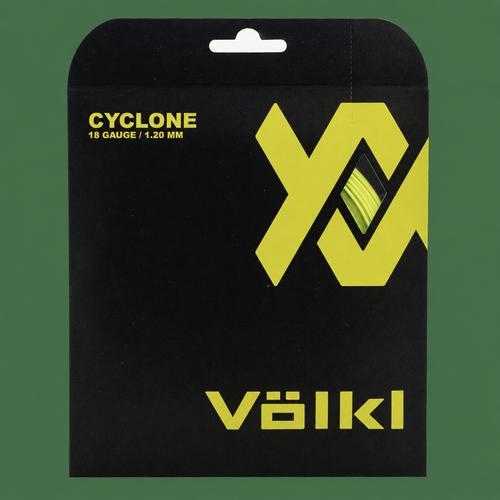 Volkl Cyclone 18g neon yellow tennis strings on Court District green